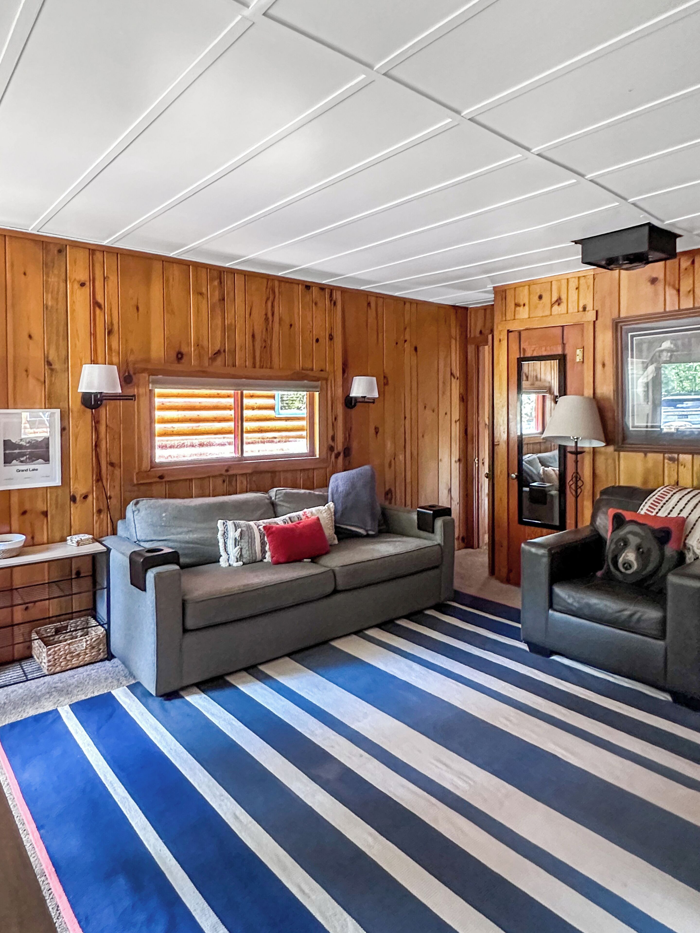 Smart TV, fireplace, books, stereo