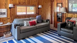 A room with wooden panel walls, a grey sofa with pillows, a striped rug, and a bear-shaped pillow on a chair.
