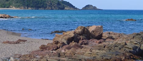 Plage à proximité, chaises longues, serviettes de plage