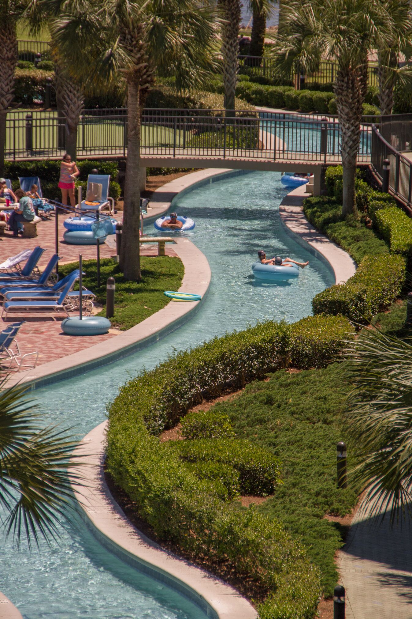 A pool area with a water slide, lounge chairs, and palm trees.