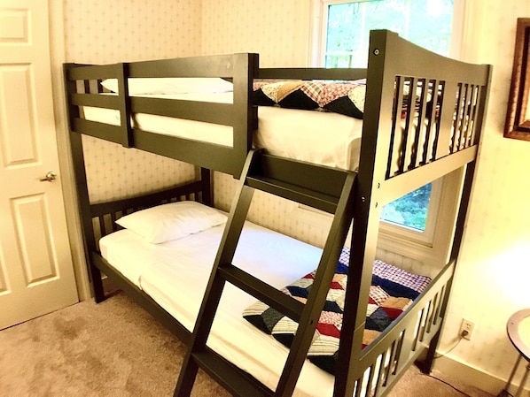 A bunk bed with a ladder, a window with a view, and a door.