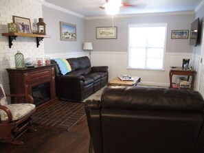 Smart TV, fireplace, DVD player, books