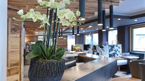 A reception area with a large potted orchid plant on a counter, wooden panel walls, and modern pendant lighting. - Dolomeet Boutique Hotel (Pinzolo)