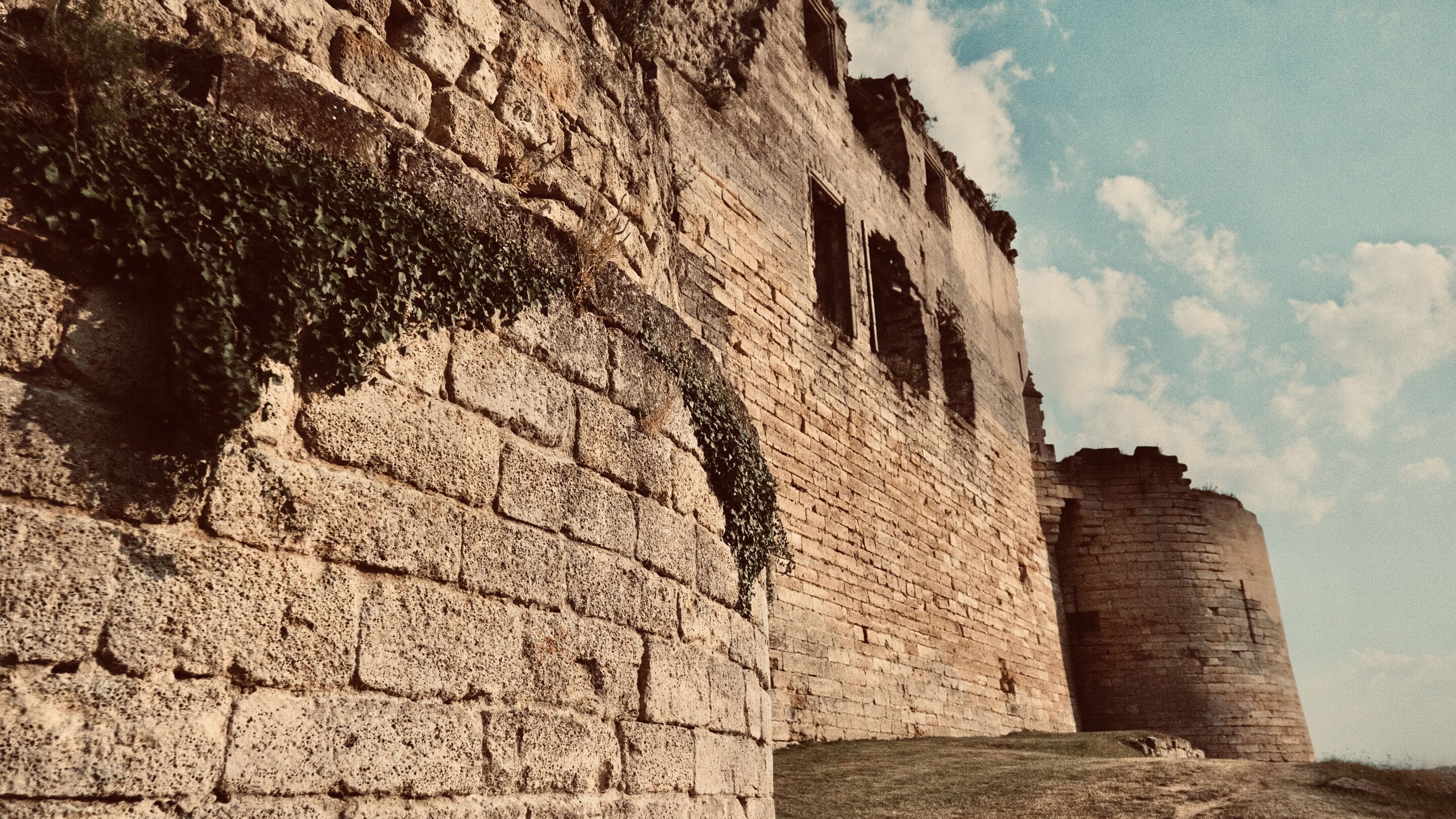 Un mur de pierre ancien, recouvert de lierre, une grande tour circulaire et un ciel dégagé.