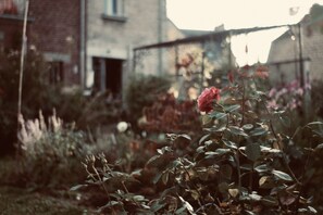 A garden with a rose bush in the foreground and a building in the background. - Chez Ric et Fer (Coucy-le-Chateau-Auffrique)