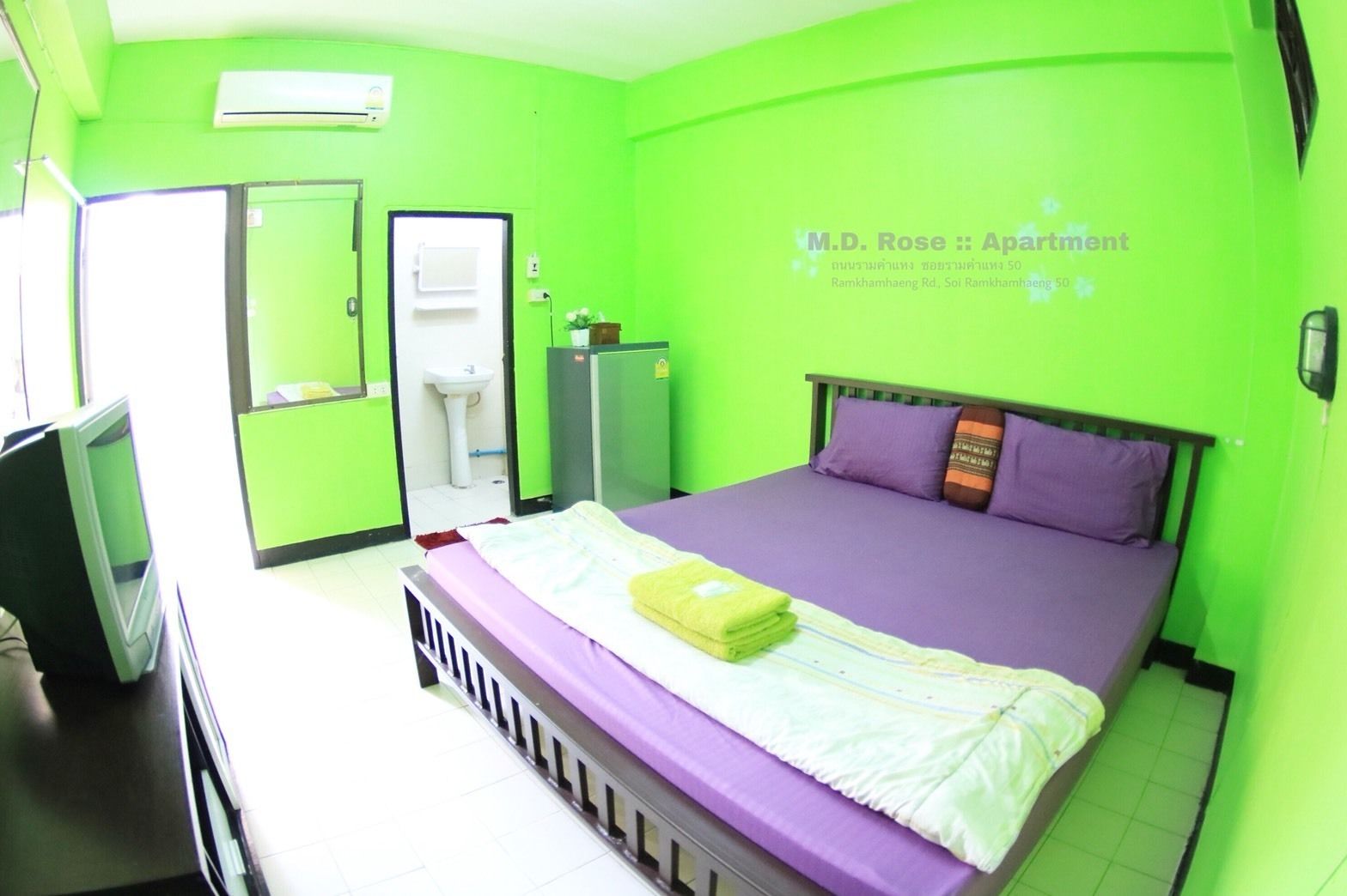A room with a bed, a television, a sink, and a mirror.