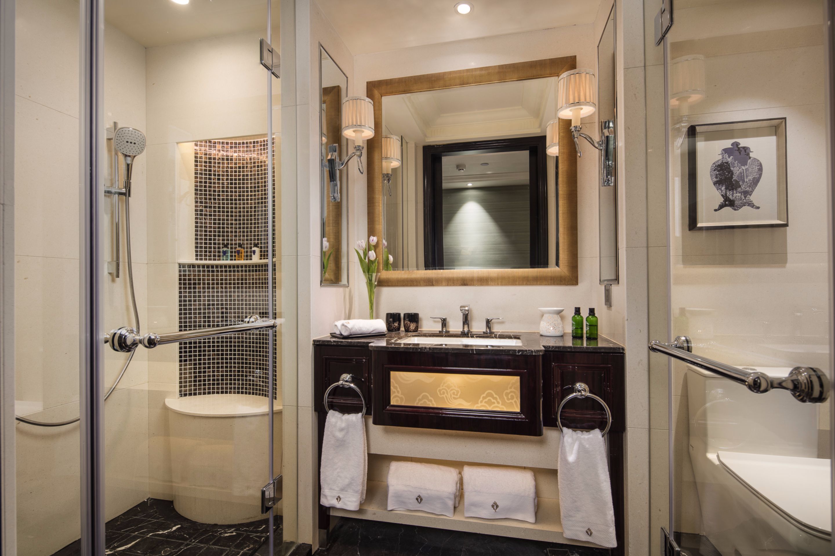 free toiletries, hair dryer, slippers, towels