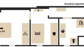 A floor plan of Grundriss Apartment 5 with a 180 x 200 room, a kitchen, a bathroom, and a laundry area.
