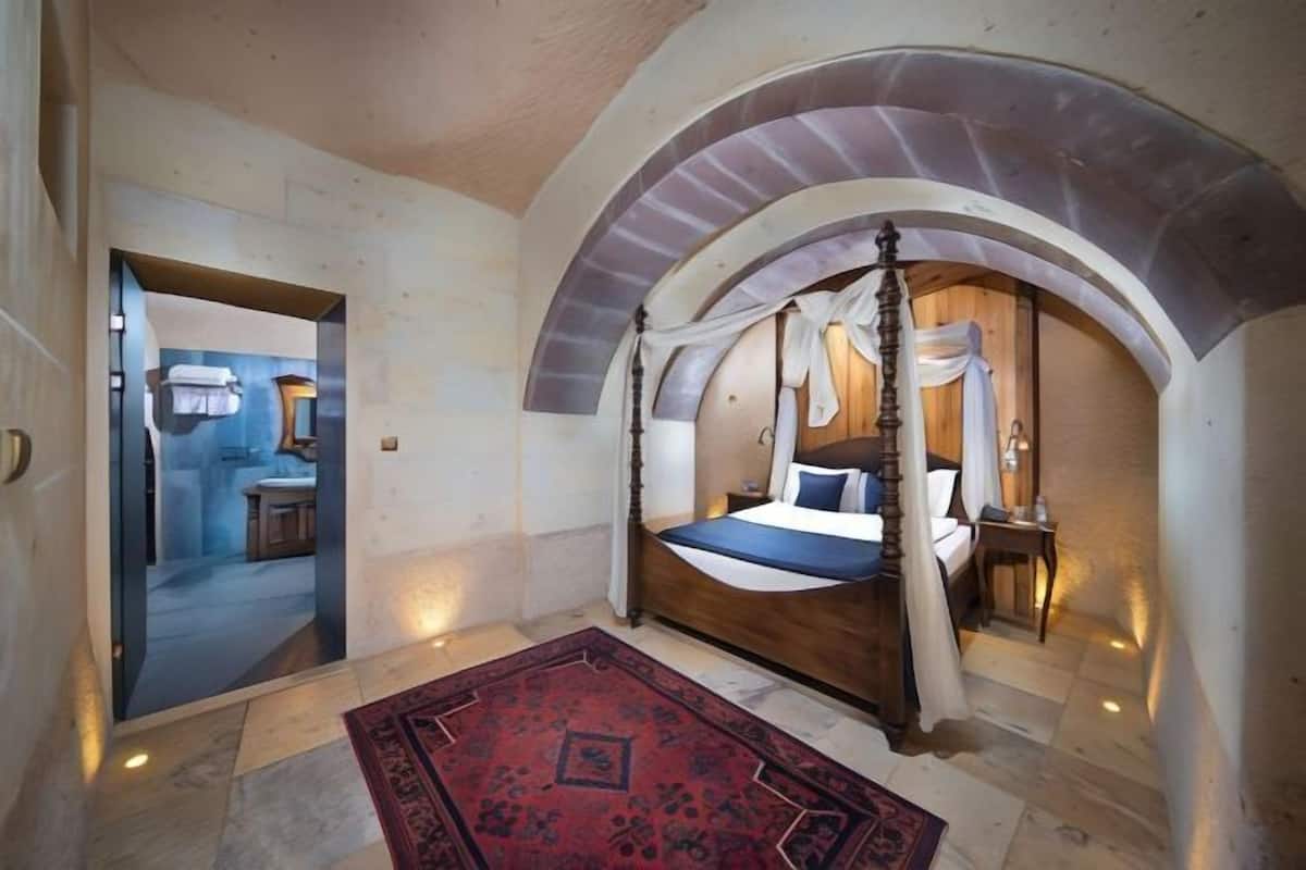 A four-poster bed with a canopy, a red patterned rug, and an arched ceiling.