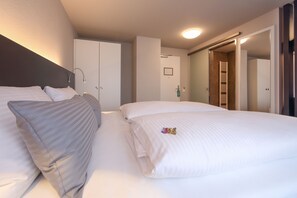 Habitación de hotel con dos camas, un armario, un espejo y zona de ducha.