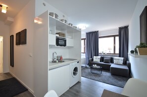 A compact living space with a kitchenette, washing machine, and a seating area with a sofa and coffee table.