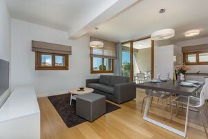 Premium Apartment, Garden View | Living area | Flat-screen TV, foosball, stereo