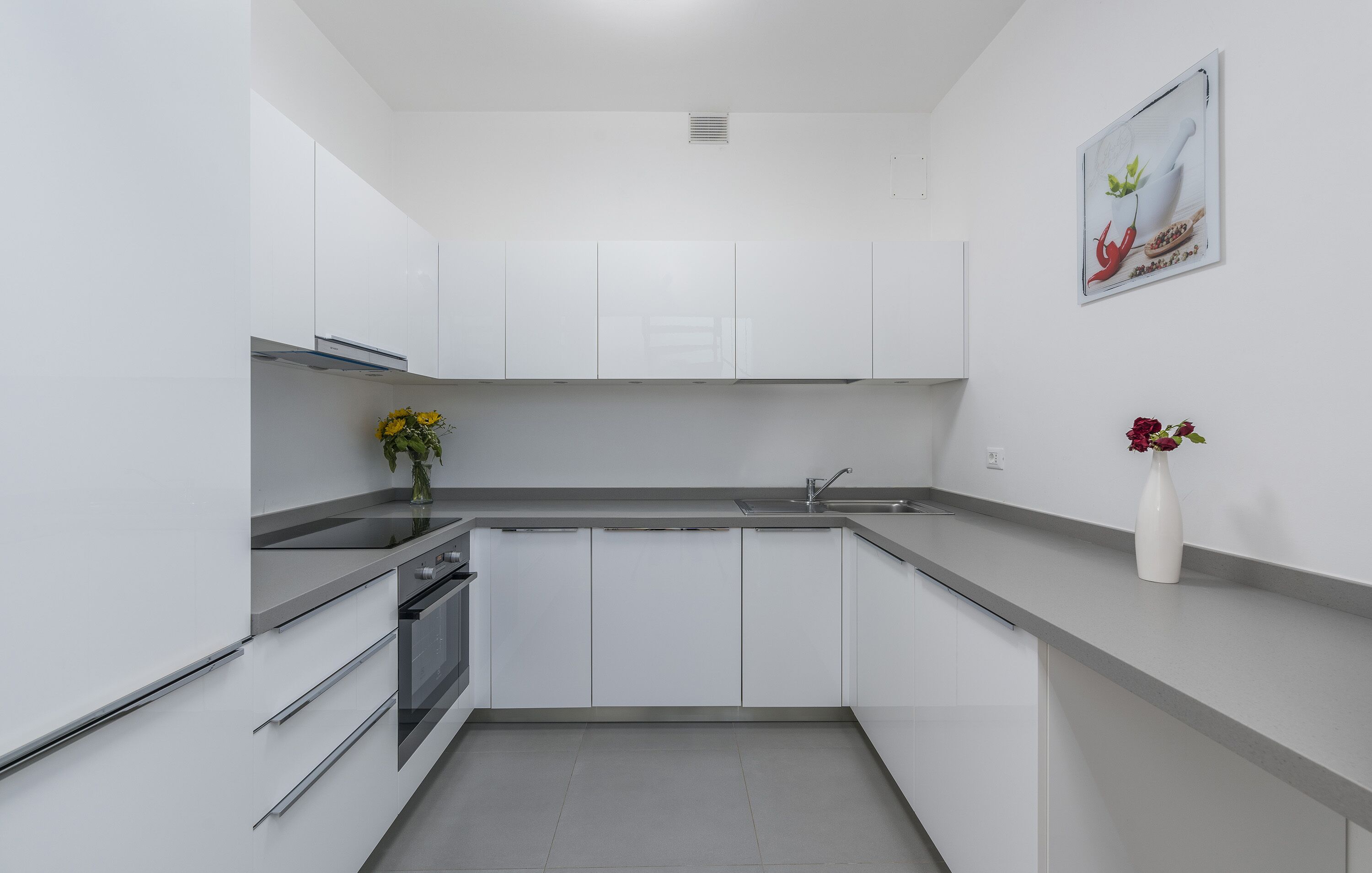 Een moderne keuken met witte kasten, een roestvrijstalen aanrecht, een inbouwoven en een spoelbak.