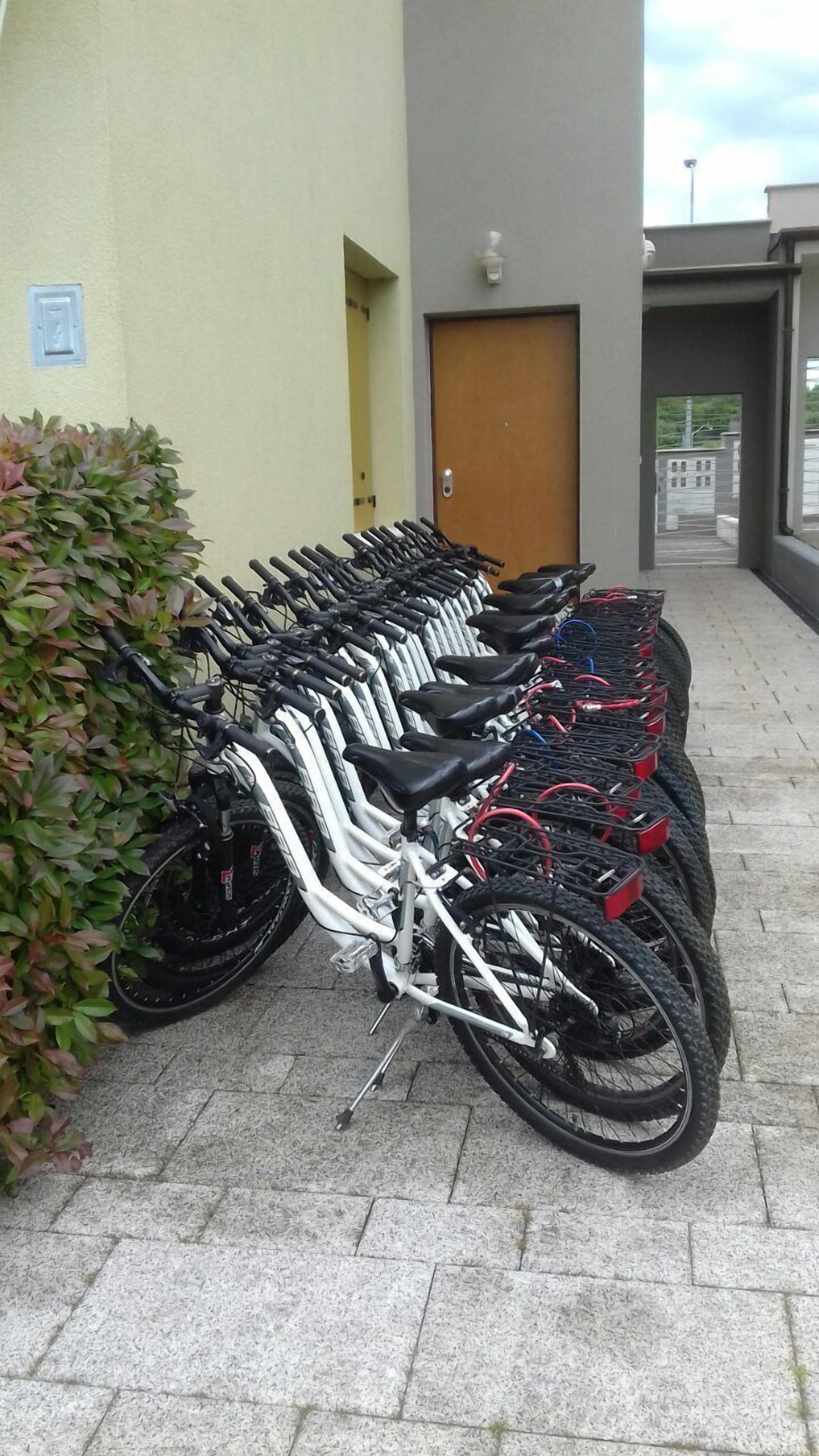 Varias bicicletas estacionadas frente a un edificio con una puerta y un ventanal pequeño.