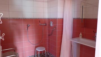 A bathroom with a shower, a sink, and a mirror.