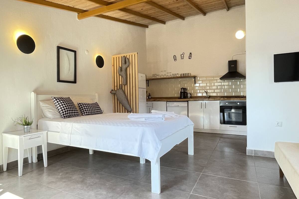 A bedroom with a bed, bedside tables, a small plant, and a view into the kitchen area.