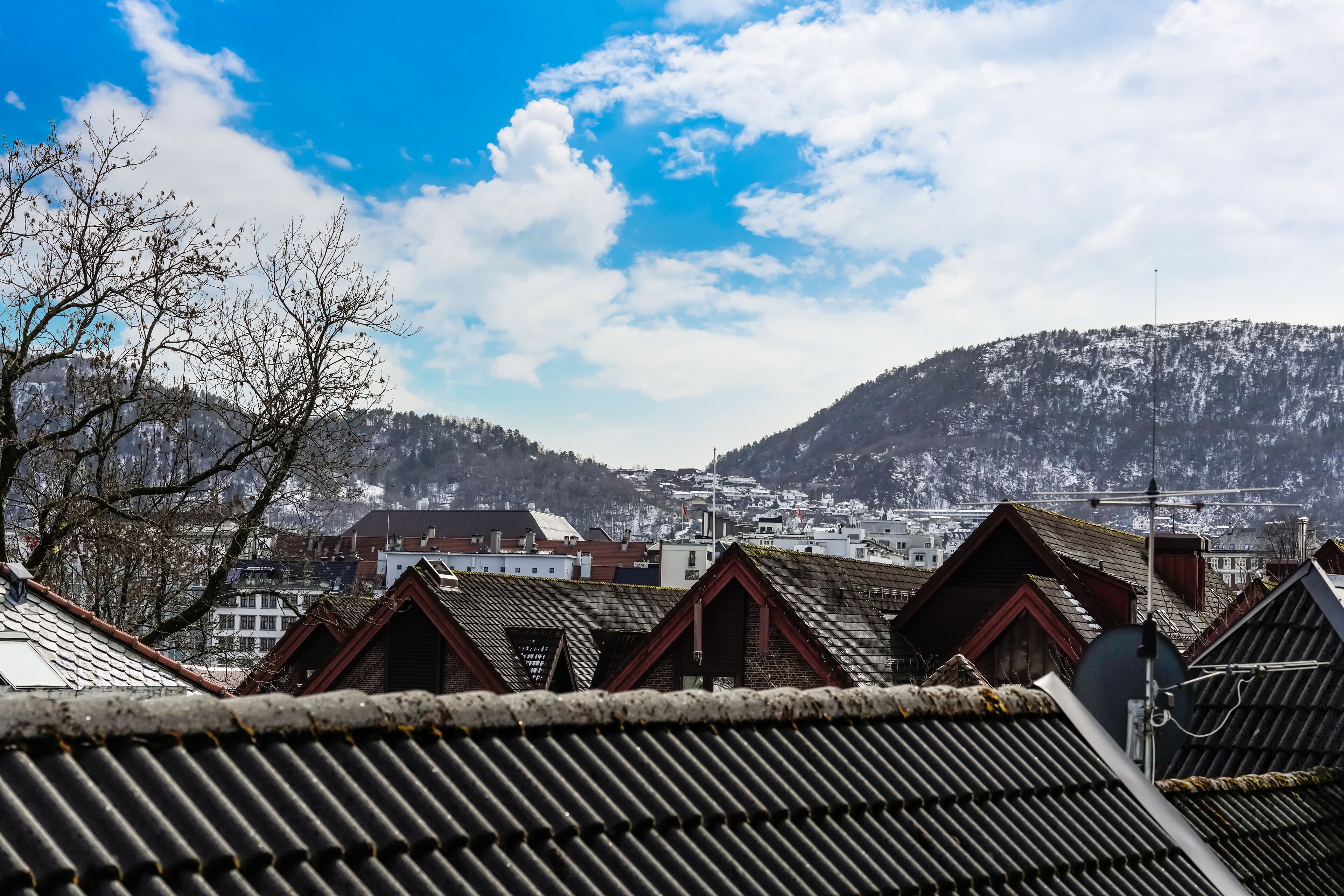 Une vue d’une ville avec des bâtiments traditionnels et une chaîne de montagnes en arrière-plan.