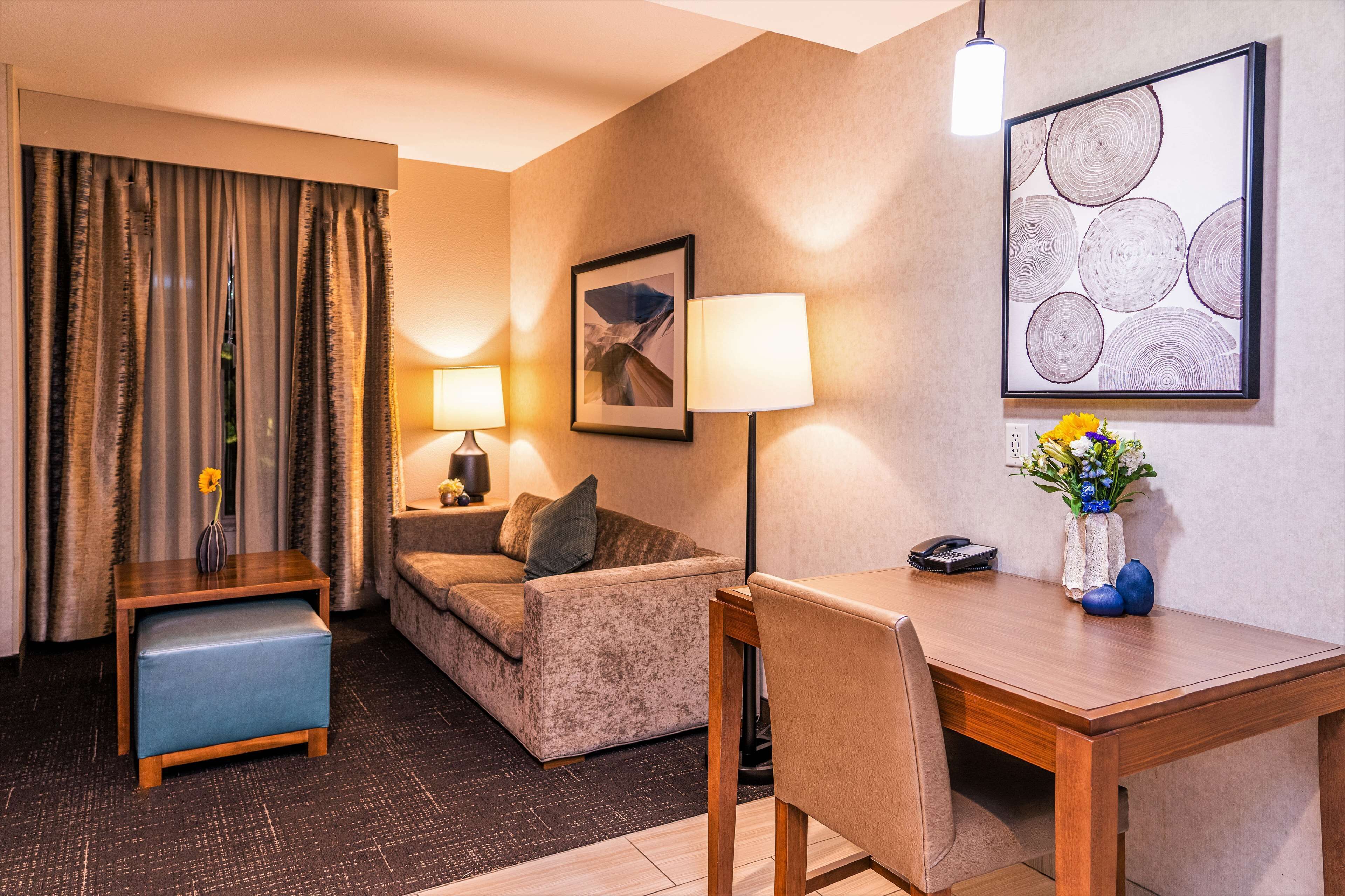Een hotelkamer met een bank, een tafeltje met een lamp, een eettafel met stoelen, een vaas met bloemen en een kunstwerk in een lijst aan de muur.