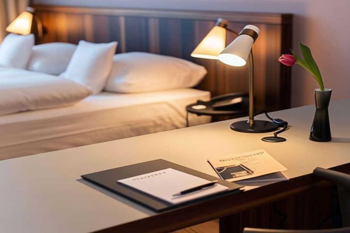 A hotel room with a neatly made bed, a desk with a lamp, a vase with a flower, and a notebook.