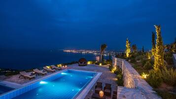 Outdoor pool, pool umbrellas, pool loungers