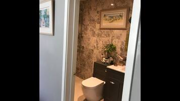 A bathroom with a toilet, sink, and shower. There is a framed picture on the wall and a potted plant on the counter.