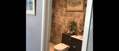 A bathroom with a toilet, sink, and shower. There is a framed picture on the wall and a potted plant on the counter.