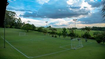 Un campo de fútbol con postes de portería, rodeado de árboles y un cielo nublado.