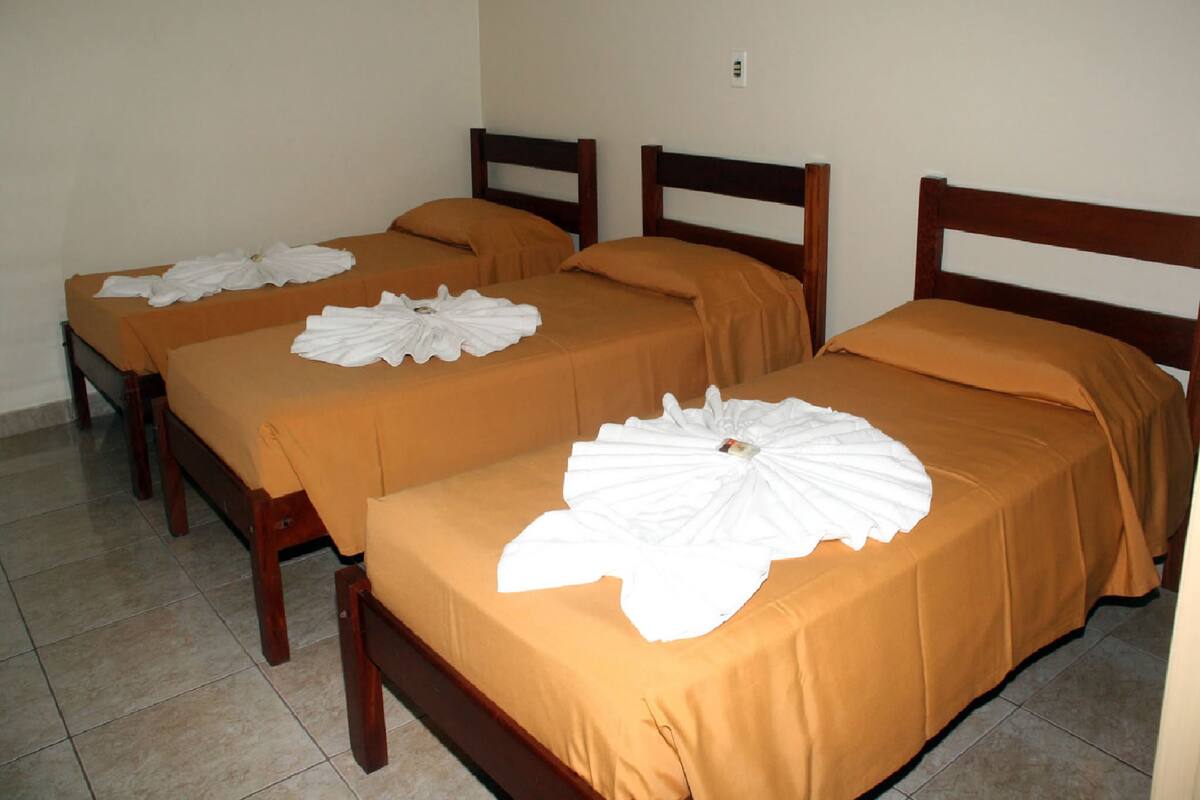 A hotel room with three single beds, each with a brown bedspread and white towels.