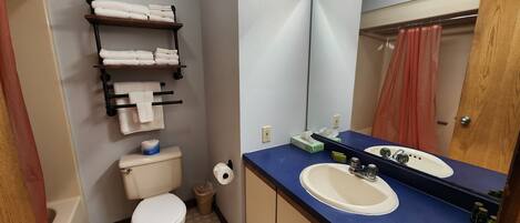Une salle de bain équipée de toilettes, d’un lavabo et d’étagères où sont rangées les serviettes.