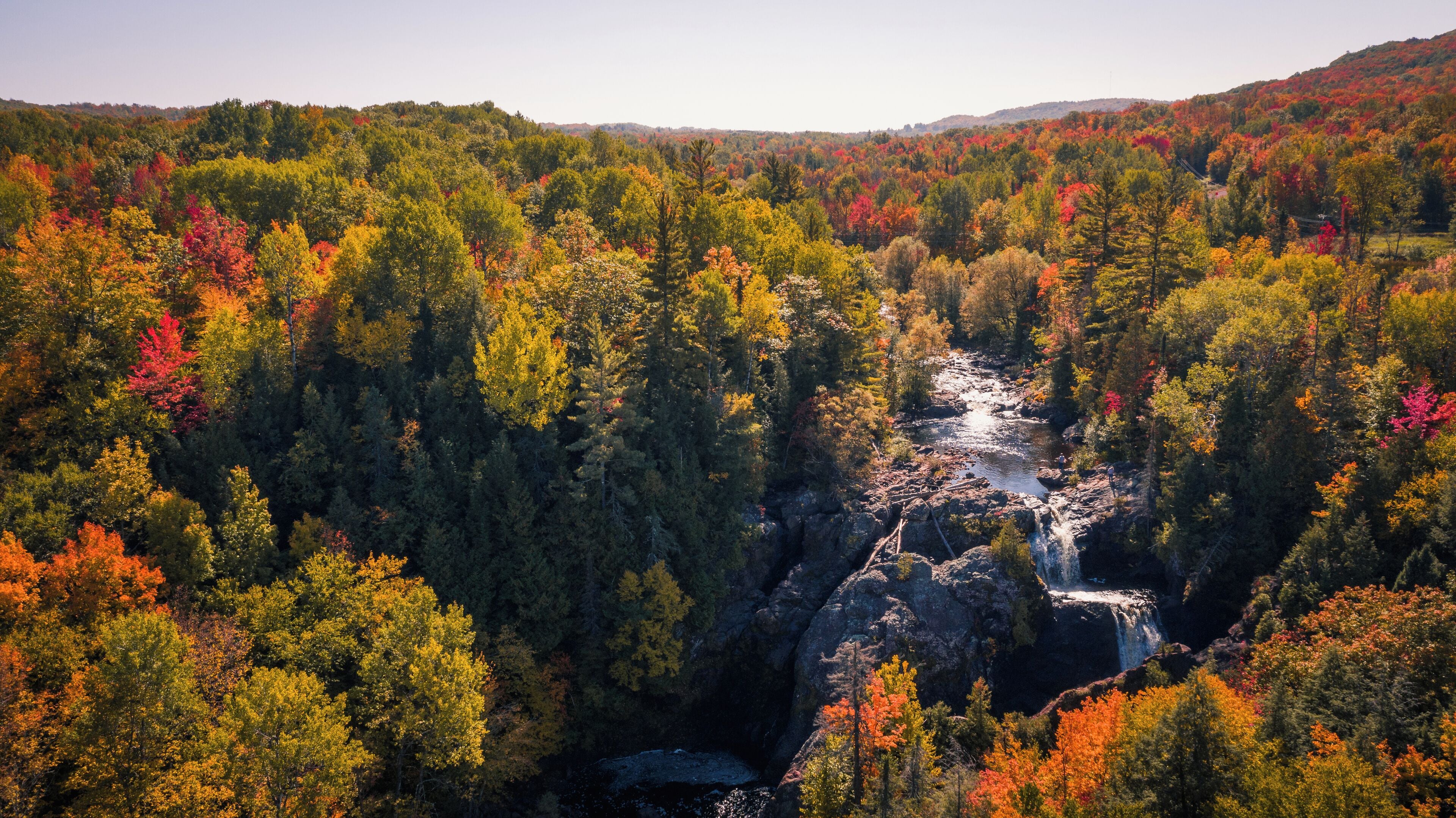 A forested valley with a waterfall and a river.