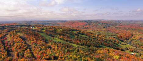 A panoramic view of a mountainous landscape with autumn foliage.