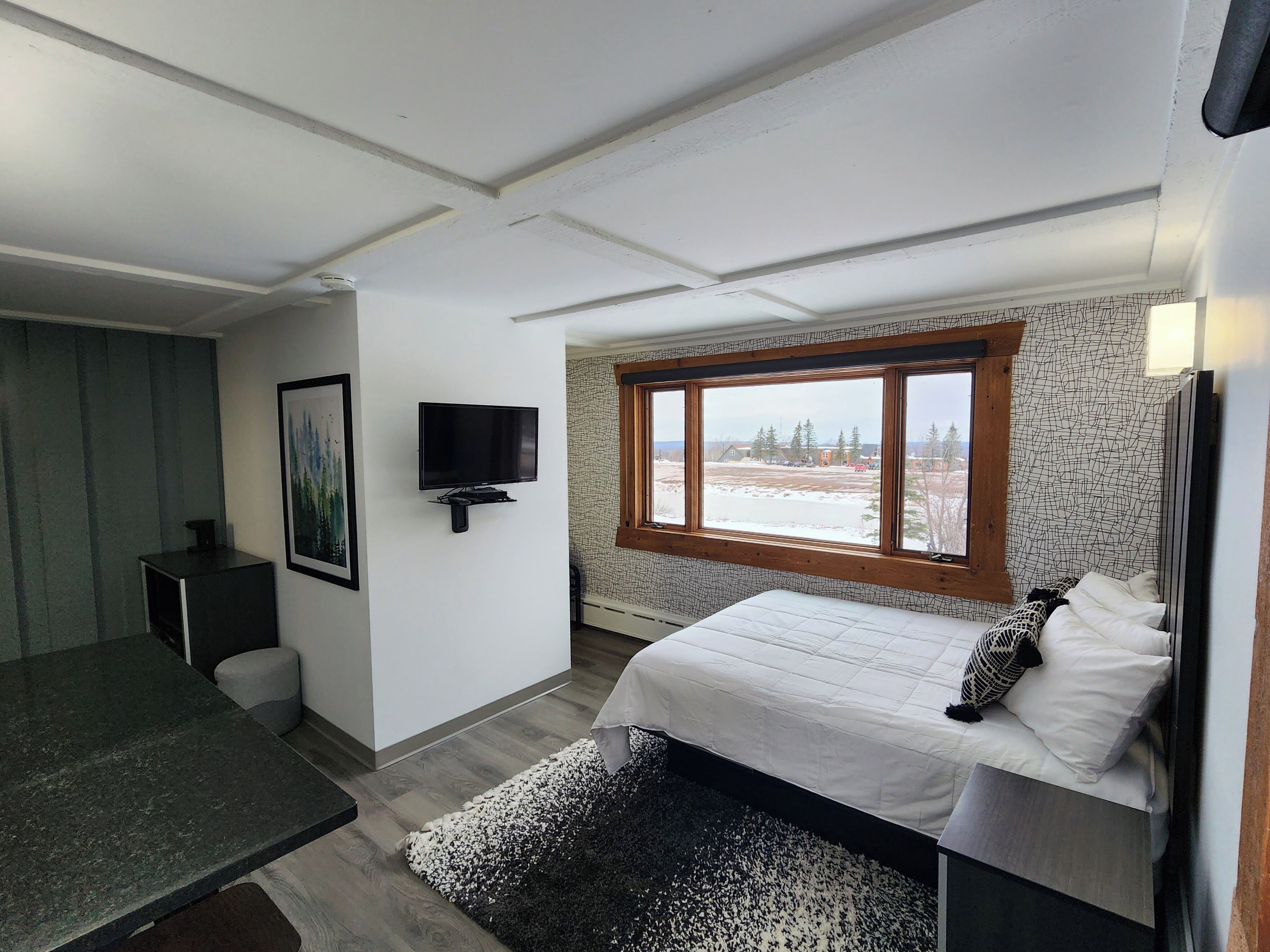 A bedroom with a bed, a TV, a window with a view of trees, and a small desk.