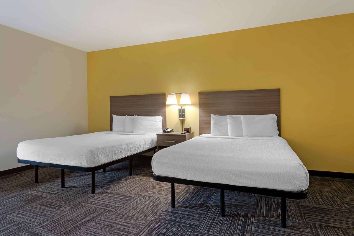 Een hotelkamer met twee eenpersoonsbedden, een nachtkastje met een lamp en een vloerbedekking.