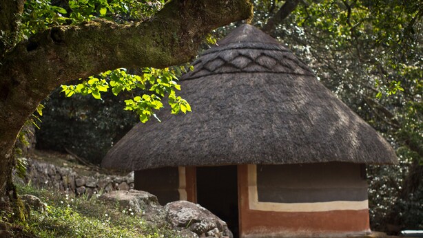 A traditional thatched-roof hut with a stone foundation, surrounded by greenery and rocks.