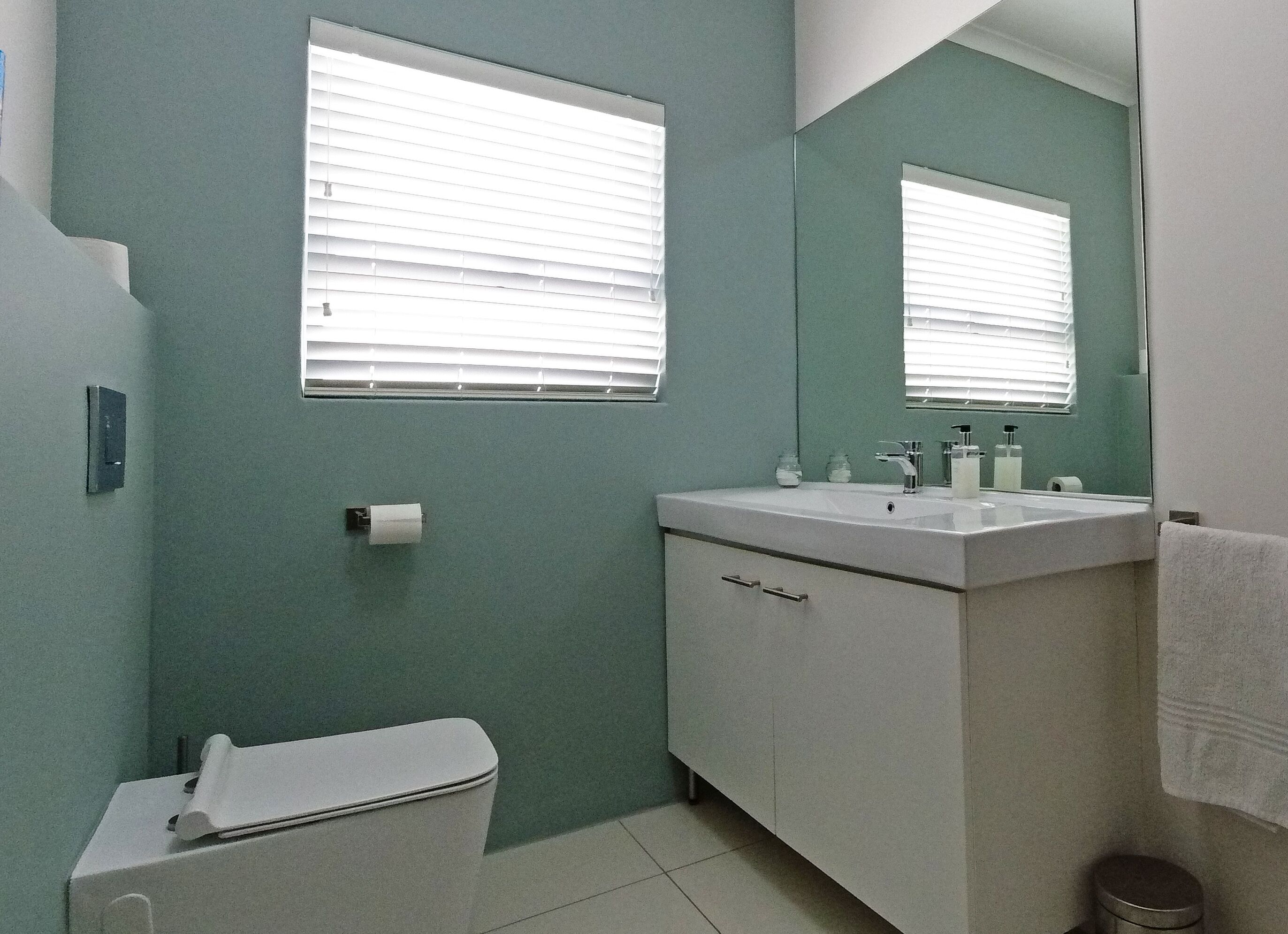 Un baño con inodoro, lavamanos y espejo.