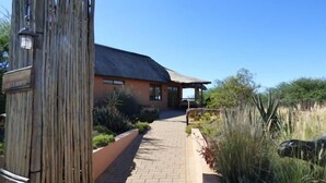 A building with a thatched roof, a paved pathway, and a variety of plants.