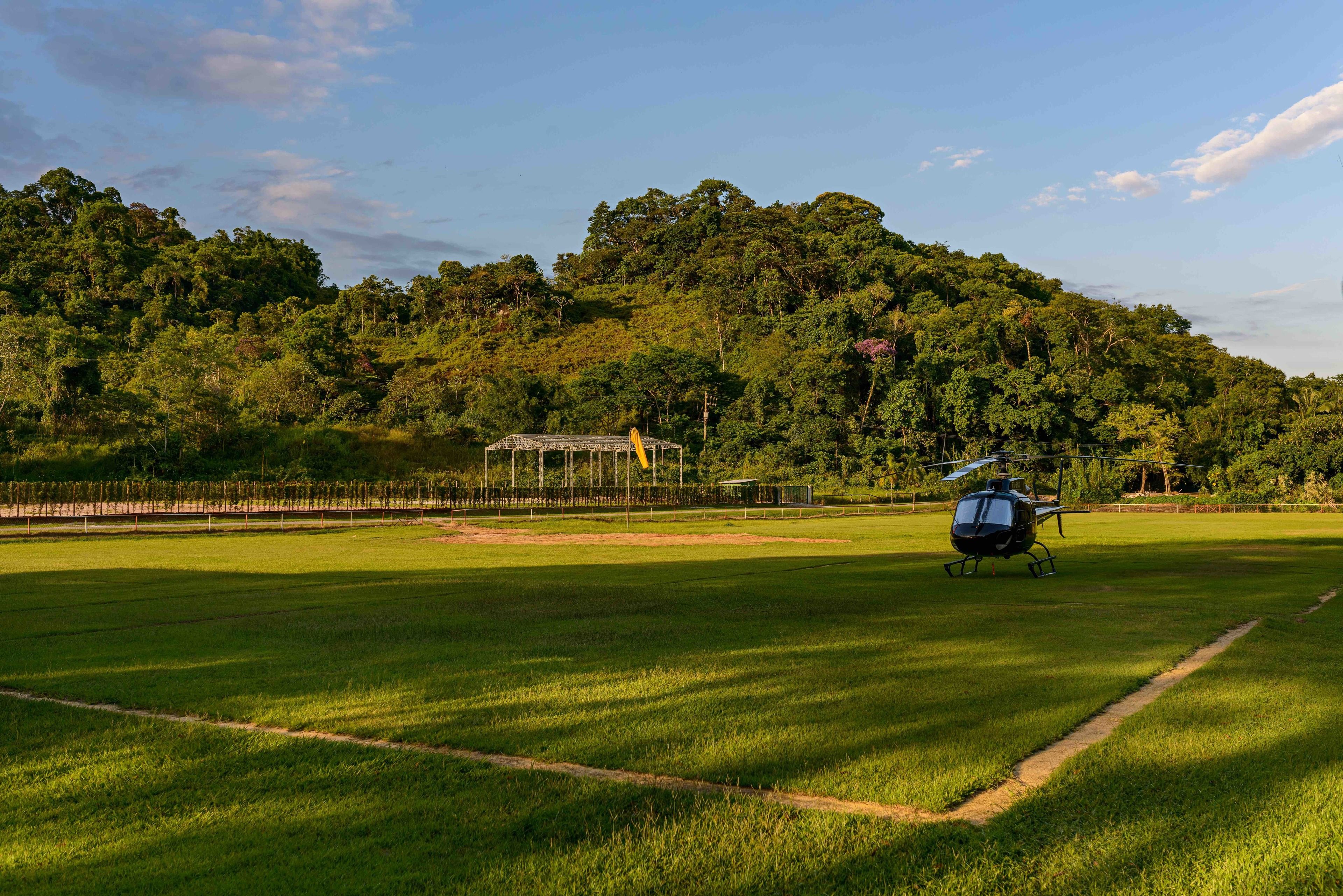 A helicopter on a grassy field with a forested hill in the background.