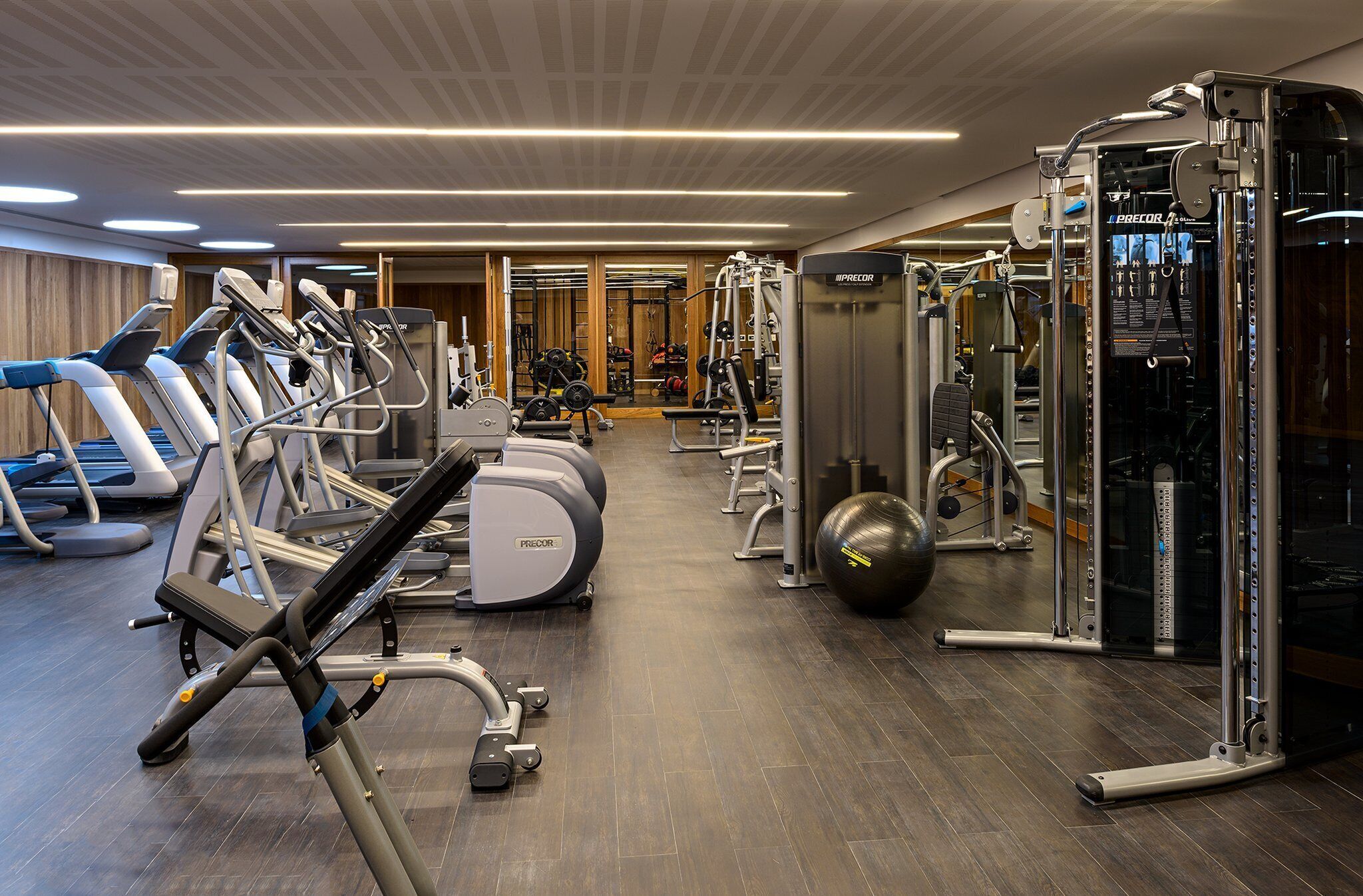A gym with treadmills, elliptical machines, weight machines, and a squat rack.
