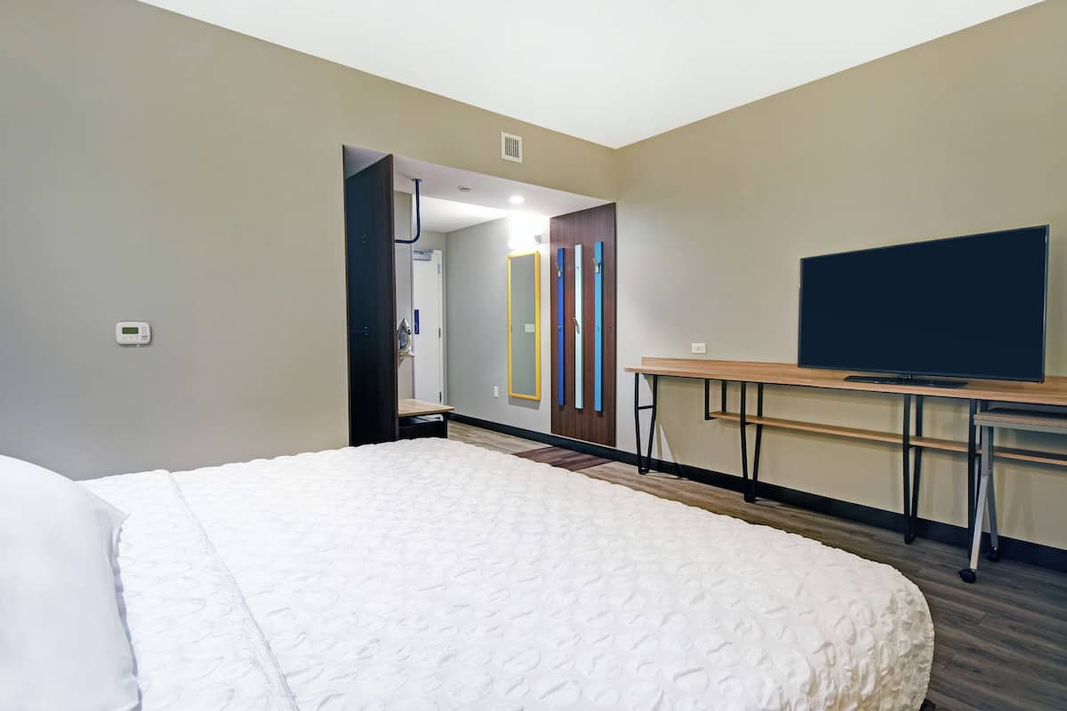 Une chambre d’hôtel avec un lit, un bureau, une télévision et un miroir.