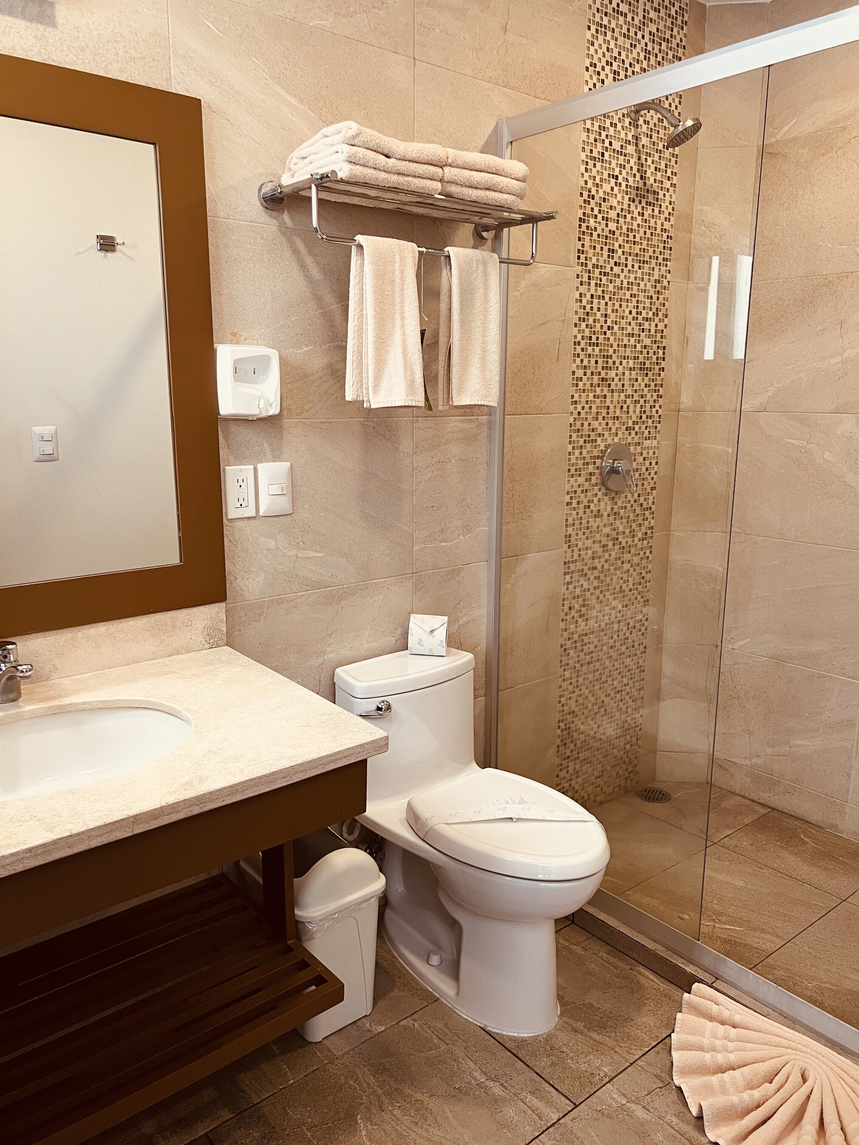 A modern bathroom with a glass-enclosed shower, a sink with a mirror, and a toilet.