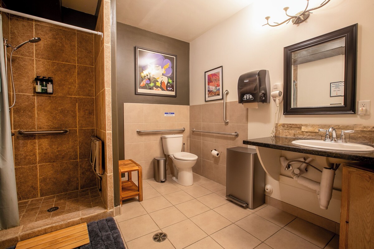 Shower, free toiletries, hair dryer, towels