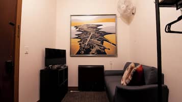 A room with a flat-screen TV, a framed abstract painting, a small speaker, a sofa with a patterned cushion, and a wall-mounted fan.