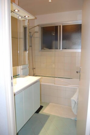 Bathtub, hair dryer, towels, toilet paper