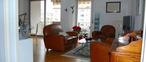 Televisio, DVD-soitin, kirjoja, stereot