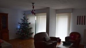 A living room with a Christmas tree, leather armchair, and a coffee table. - Apartment/ flat - Colmar (Colmar)