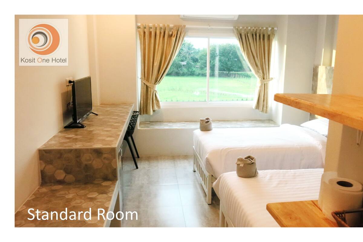 A standard room with a bed, a TV, a window with curtains, a small table, and a view of greenery outside.