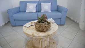A room with a blue sofa, two striped pillows, a small wooden table with a woven basket containing a cactus and a white flower, and a white cushion on the floor.