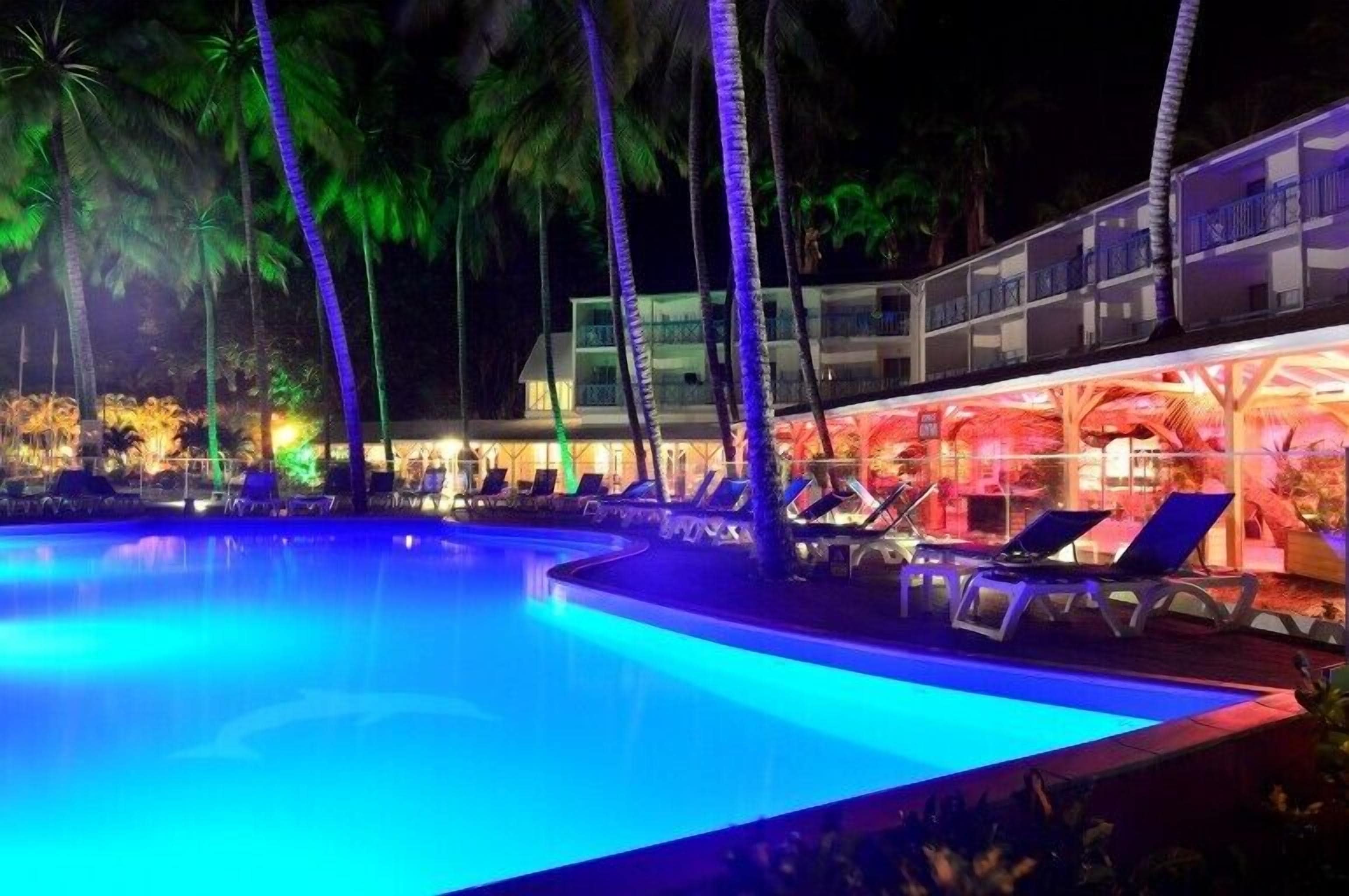 A swimming pool with lounge chairs and palm trees at night.