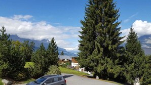 A residential area with a car parked in the foreground, surrounded by tall evergreen trees and a house with a sloped roof.