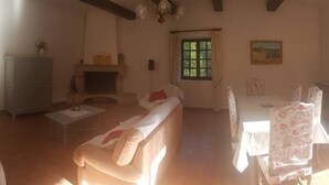 Un salon comprenant un canapé, une cheminée, une table à manger avec des chaises et une fenêtre avec des rideaux.